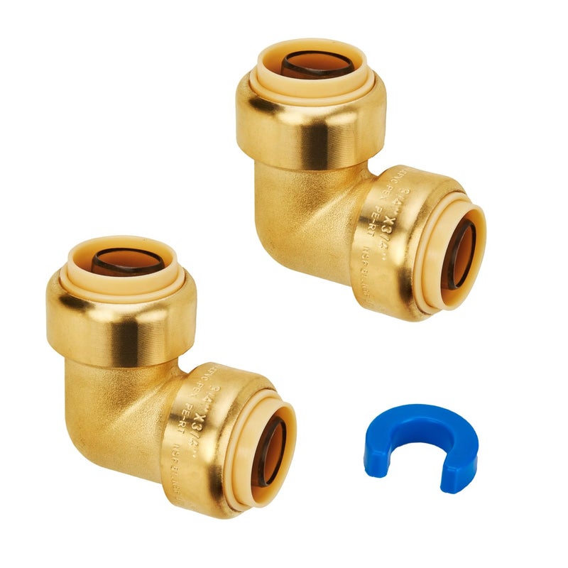 SUNGATOR PEX Elbow, 3/4-Inch Push Fit 90-Degree Plumbing Fitting Pipe Connector with Disconnect Clip, Push-to-Connect, Copper, CPVC, No Lead Brass (2-Pack) - Image 1